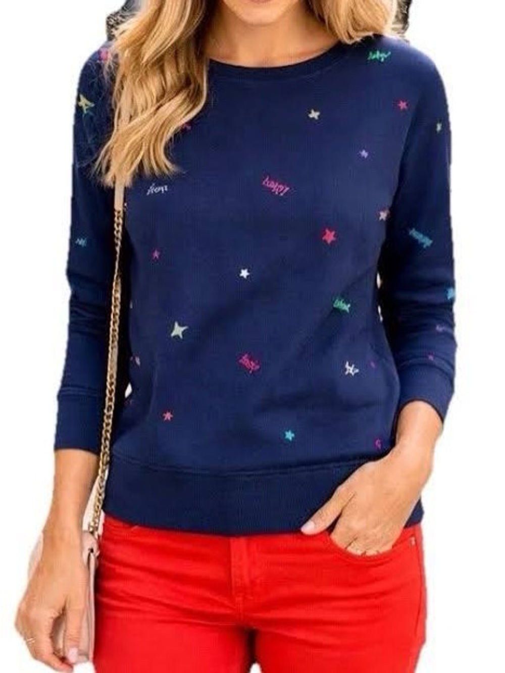 Lilly Pulitzer Navy Crewneck Sweater with Multicolor Star Embroidery